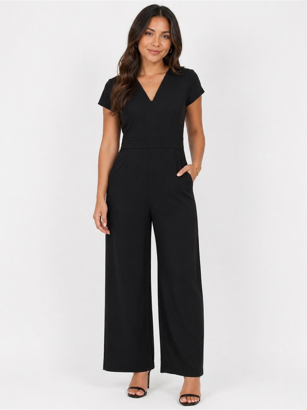 DM Collection Black Short-Sleeve V-Neck Wide-Leg Jumpsuit
